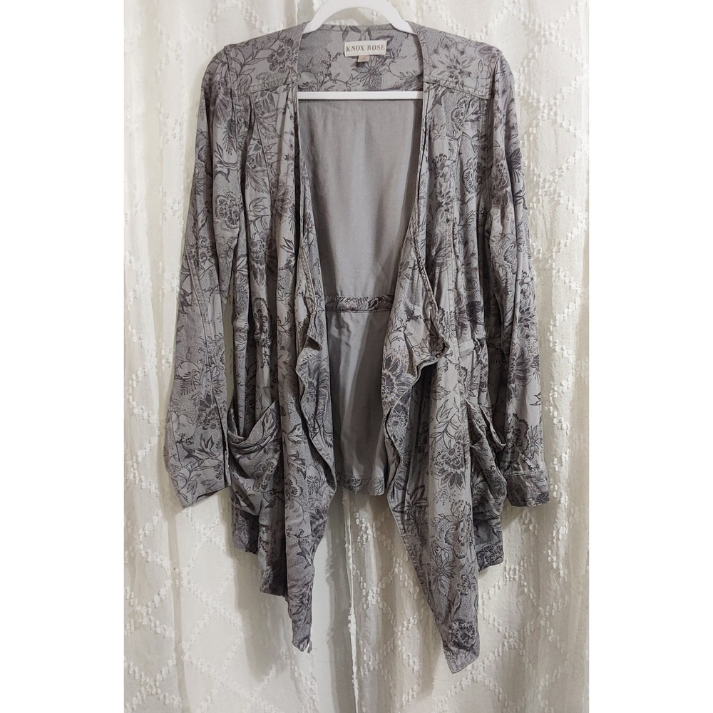 Knox Rose Grey Floral Draped Waterfall Open Front Jacket Drawstring Waist Size M